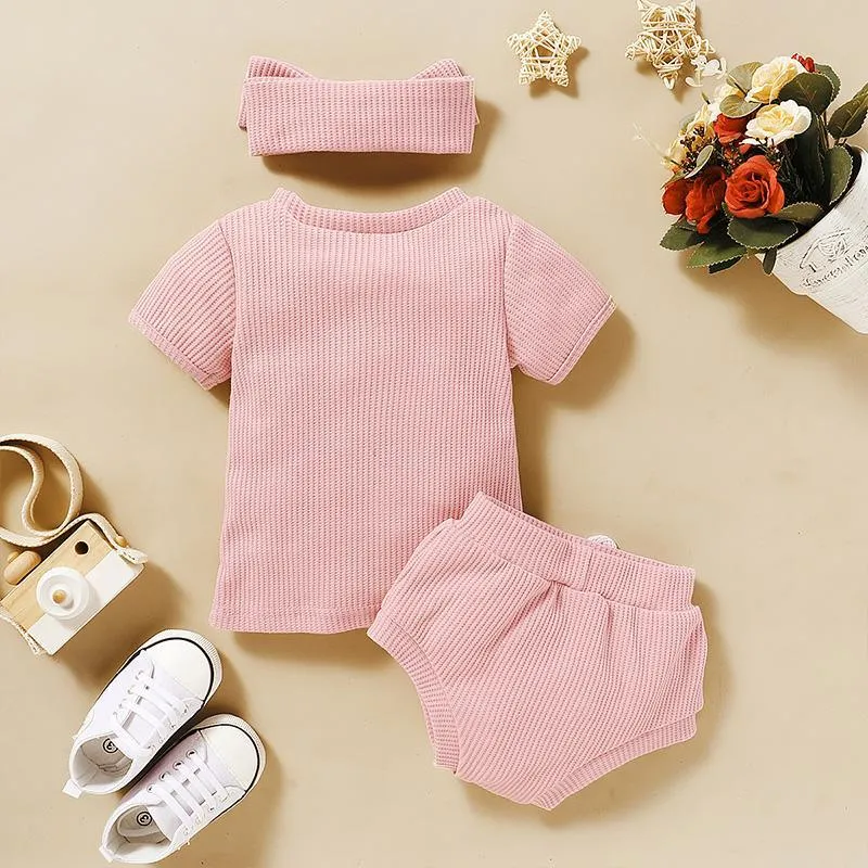 3-piece Solid T-shirt & Bloomers & Headband for Baby Girl Clothing Wholesale