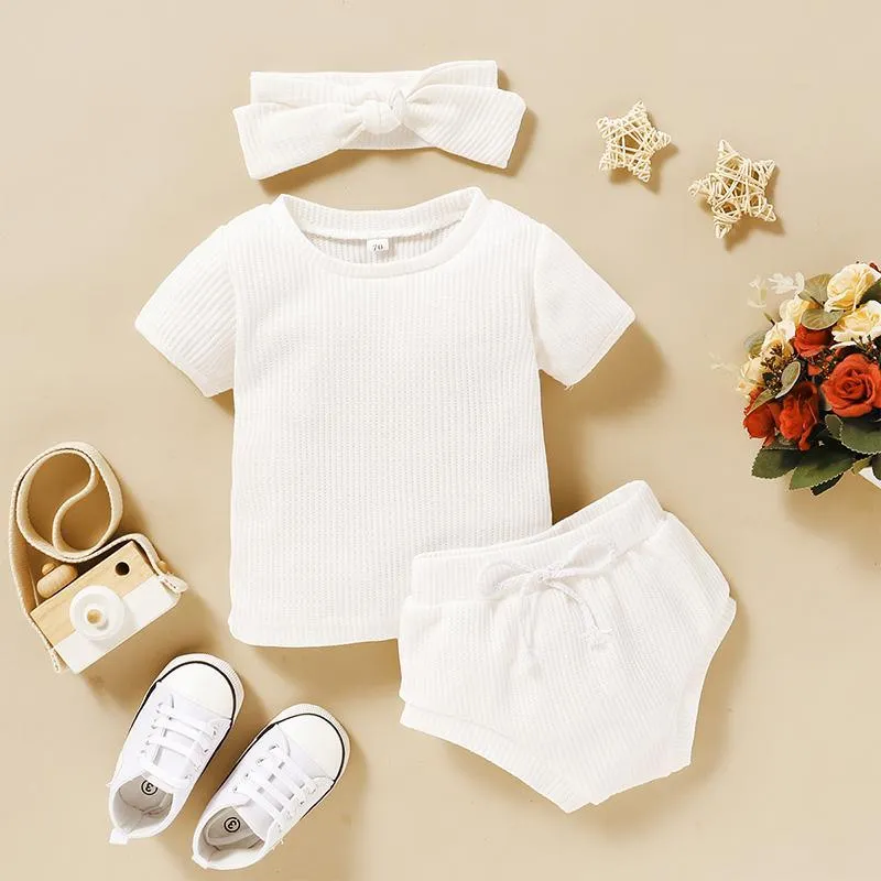3-piece Solid T-shirt & Bloomers & Headband for Baby Girl Clothing Wholesale