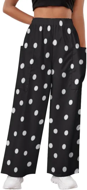 Black White Polka Dots Women's Casual Pants Yoga Loose Wide Legs Trousers with Pockets High Waist