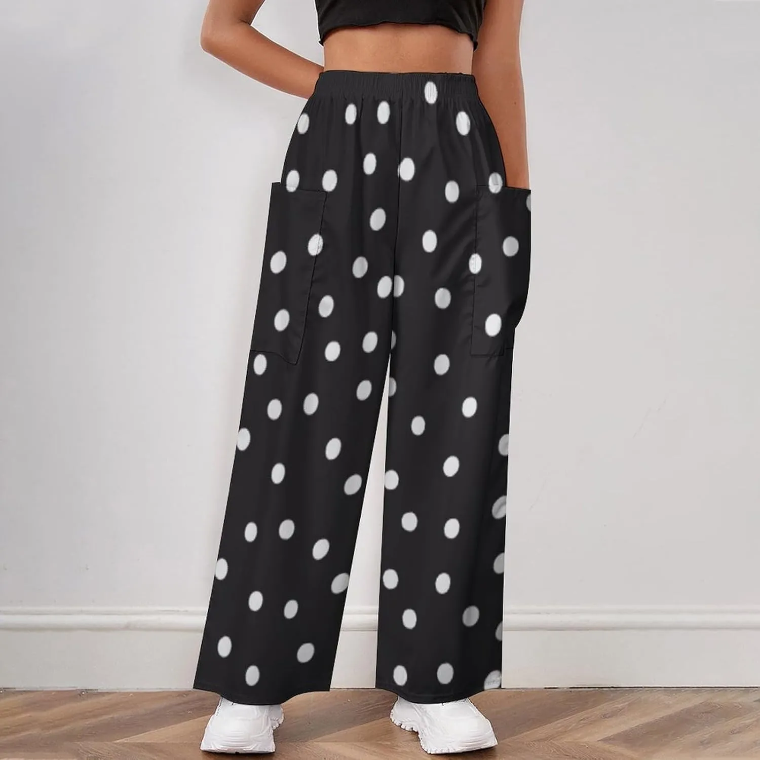 Black White Polka Dots Women's Casual Pants Yoga Loose Wide Legs Trousers with Pockets High Waist