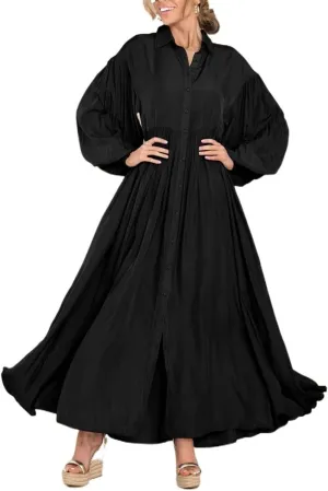 Button-down Long Dress, Women's Button-up Maxi Skirt Loose Oversized Skirt, Loose-fit Long-sleeved Buttons