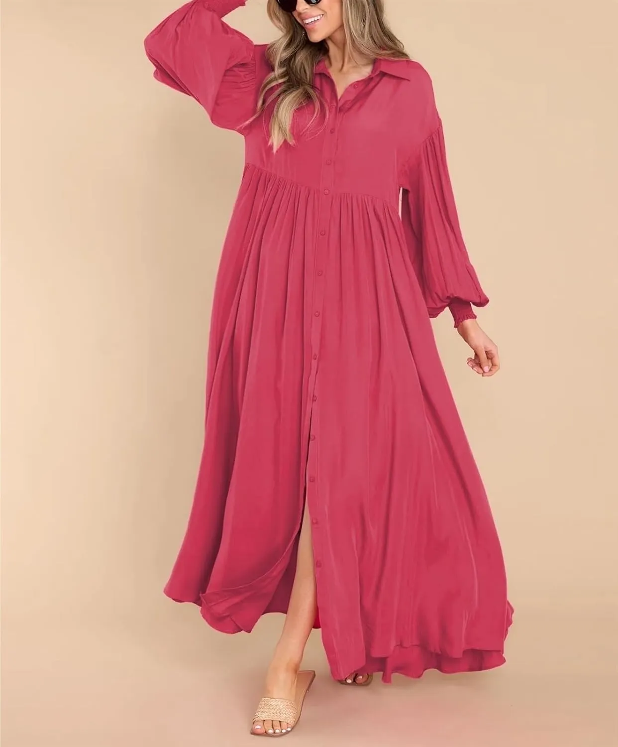 Button-down Long Dress, Women's Button-up Maxi Skirt Loose Oversized Skirt, Loose-fit Long-sleeved Buttons