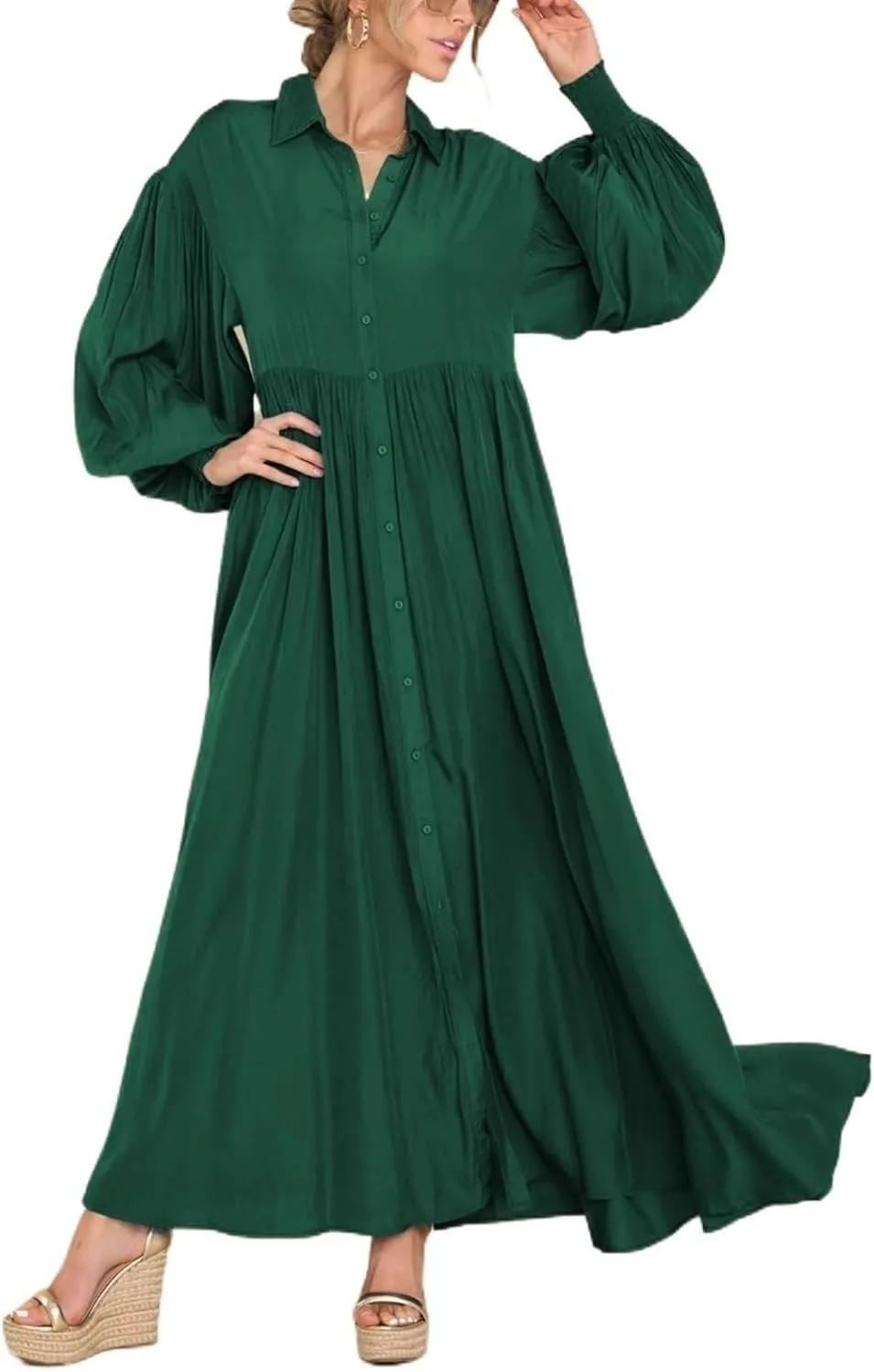 Button-down Long Dress, Women's Button-up Maxi Skirt Loose Oversized Skirt, Loose-fit Long-sleeved Buttons