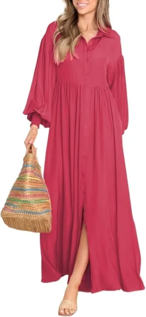 Button-down Long Dress, Women's Button-up Maxi Skirt Loose Oversized Skirt, Loose-fit Long-sleeved Buttons