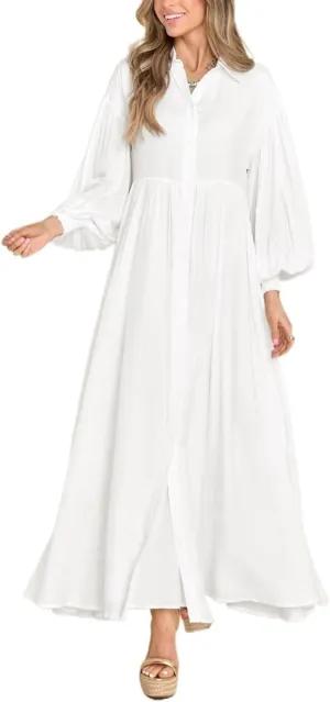 Button-down Long Dress, Women's Button-up Maxi Skirt Loose Oversized Skirt, Loose-fit Long-sleeved Buttons
