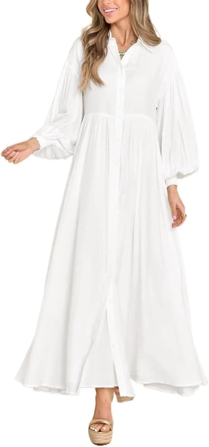 Button-down Long Dress, Women's Button-up Maxi Skirt Loose Oversized Skirt, Loose-fit Long-sleeved Buttons