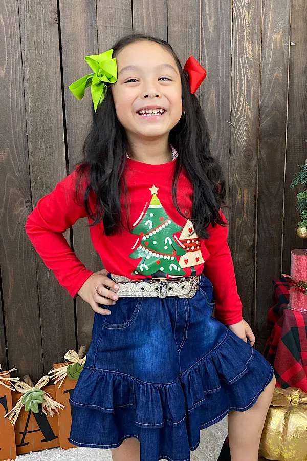 Christmas tree t-shirt w/denim skirt set DLH0824-9