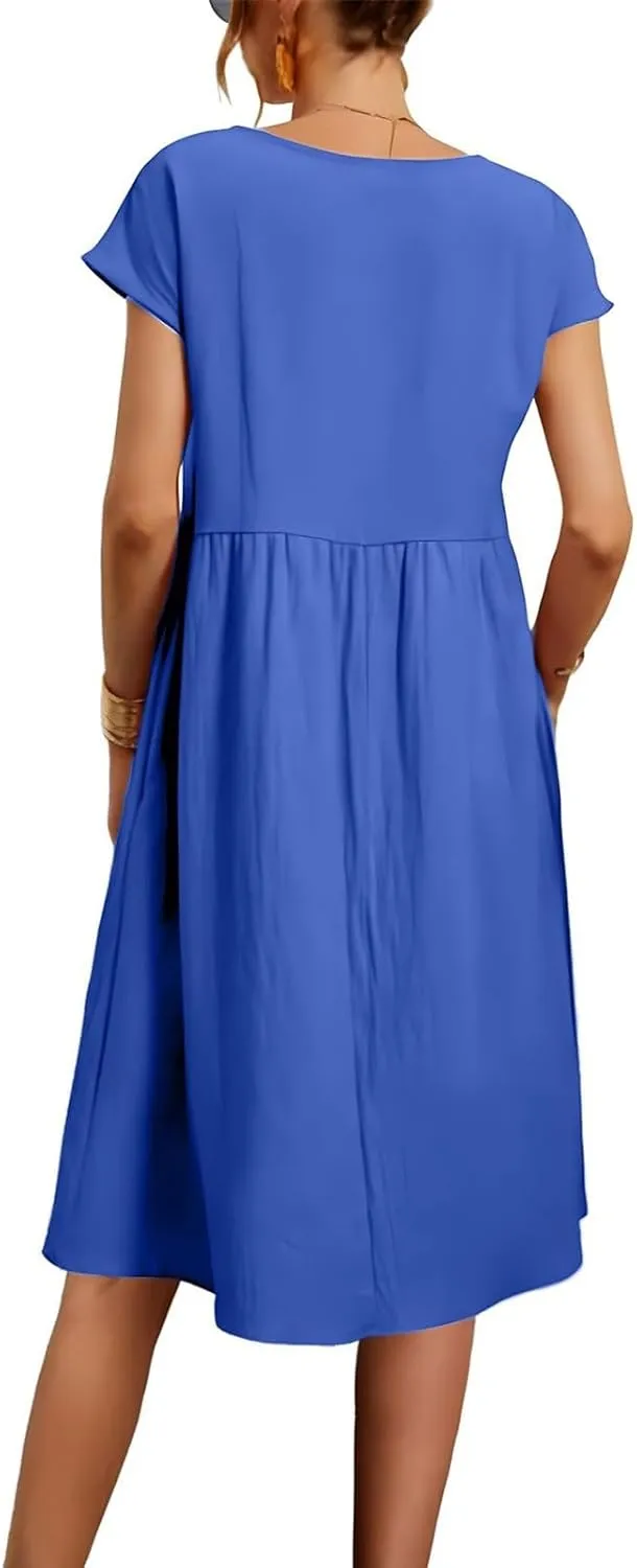 Dresses for Women Summer Short Sleeves Crew Neck Cotton Linen Solid Casual Vacation Beach Flowy Sundress with Pockets