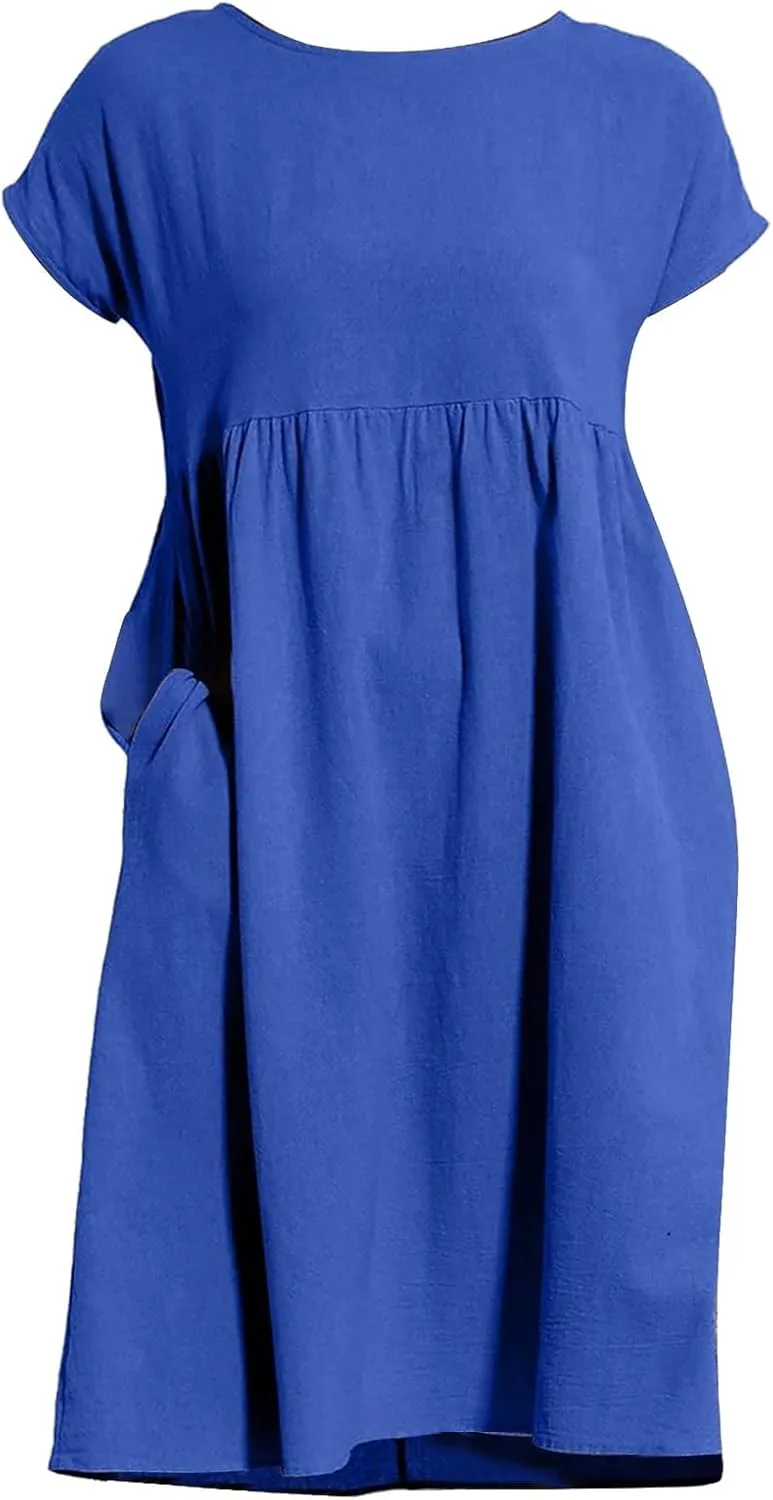 Dresses for Women Summer Short Sleeves Crew Neck Cotton Linen Solid Casual Vacation Beach Flowy Sundress with Pockets