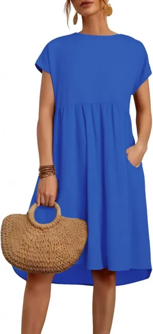 Dresses for Women Summer Short Sleeves Crew Neck Cotton Linen Solid Casual Vacation Beach Flowy Sundress with Pockets