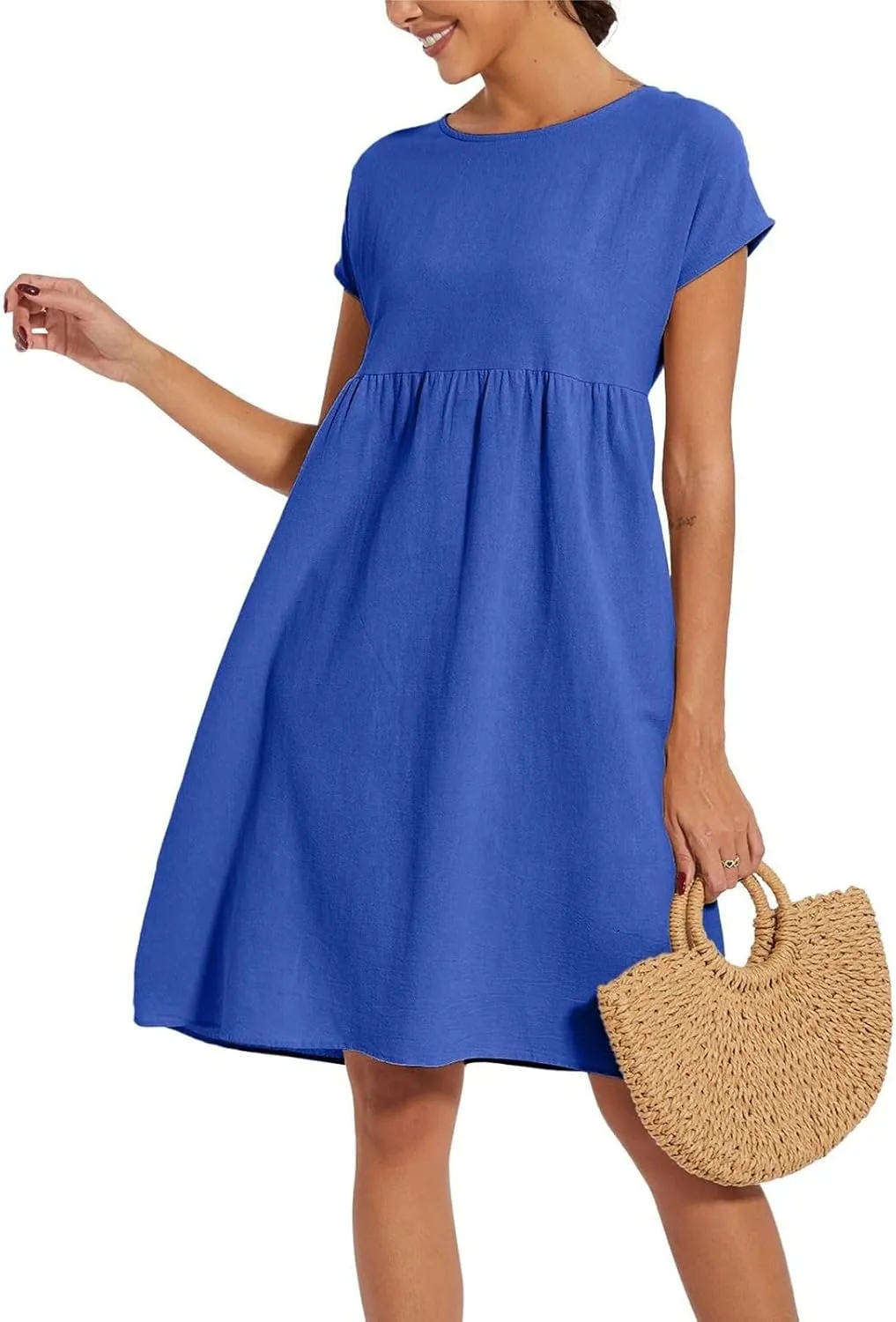 Dresses for Women Summer Short Sleeves Crew Neck Cotton Linen Solid Casual Vacation Beach Flowy Sundress with Pockets