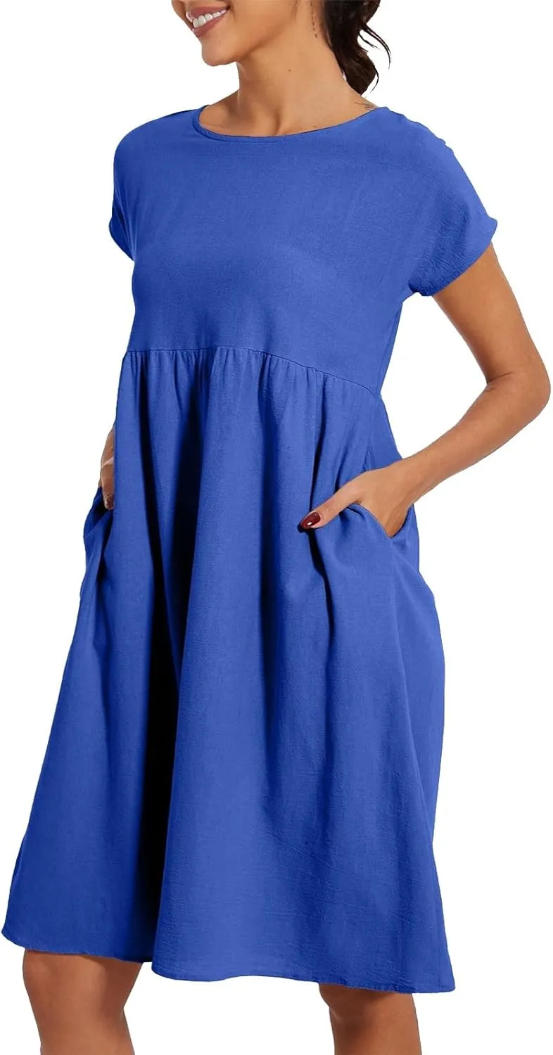 Dresses for Women Summer Short Sleeves Crew Neck Cotton Linen Solid Casual Vacation Beach Flowy Sundress with Pockets
