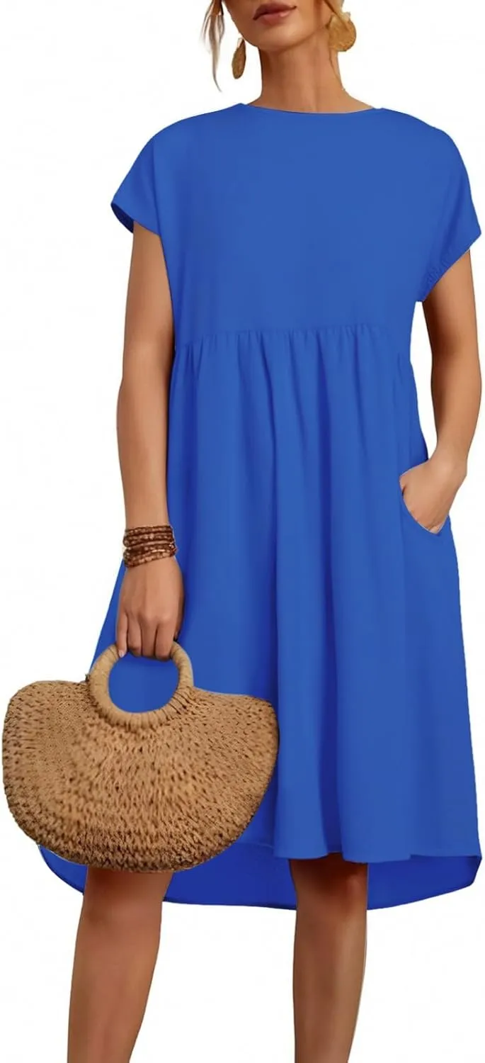 Dresses for Women Summer Short Sleeves Crew Neck Cotton Linen Solid Casual Vacation Beach Flowy Sundress with Pockets