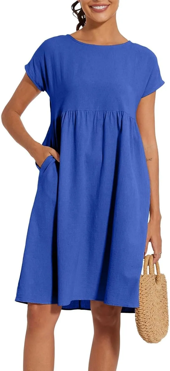 Dresses for Women Summer Short Sleeves Crew Neck Cotton Linen Solid Casual Vacation Beach Flowy Sundress with Pockets