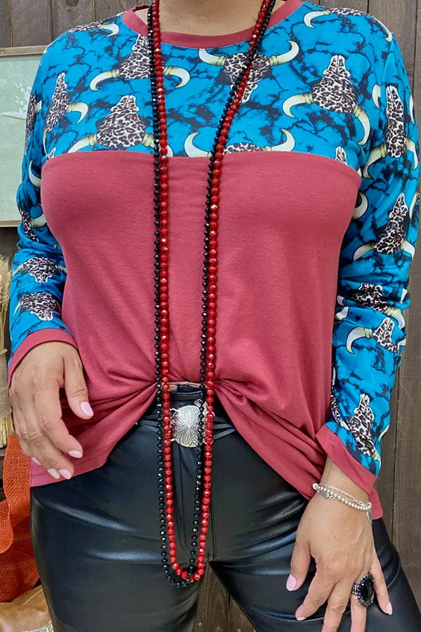 GJQ9883 Wholesale leopard bull head printed & rust red long sleeve women top (AS10)