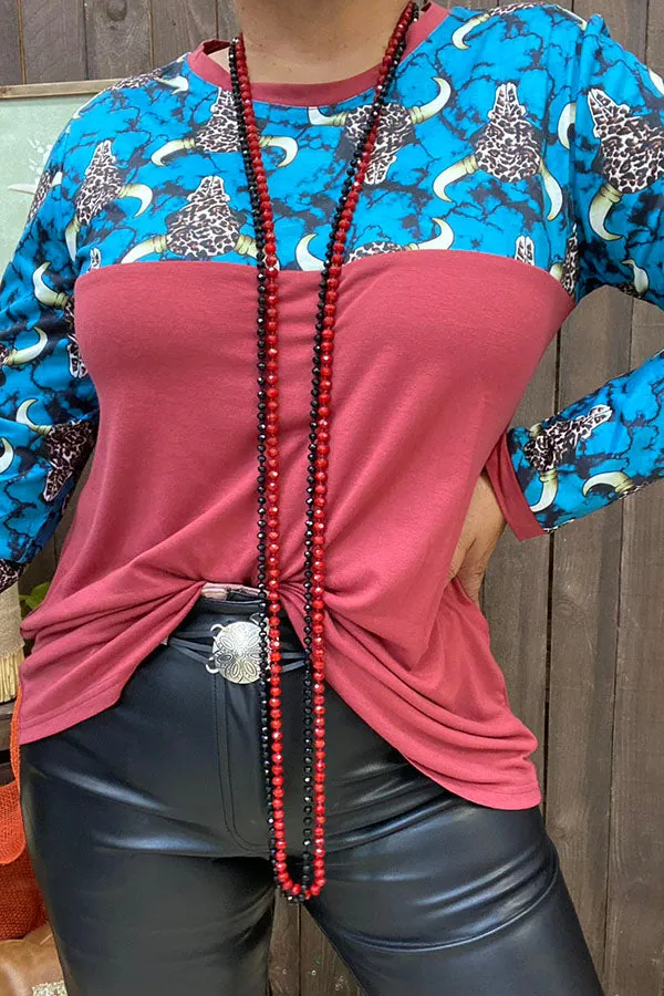 GJQ9883 Wholesale leopard bull head printed & rust red long sleeve women top (AS10)