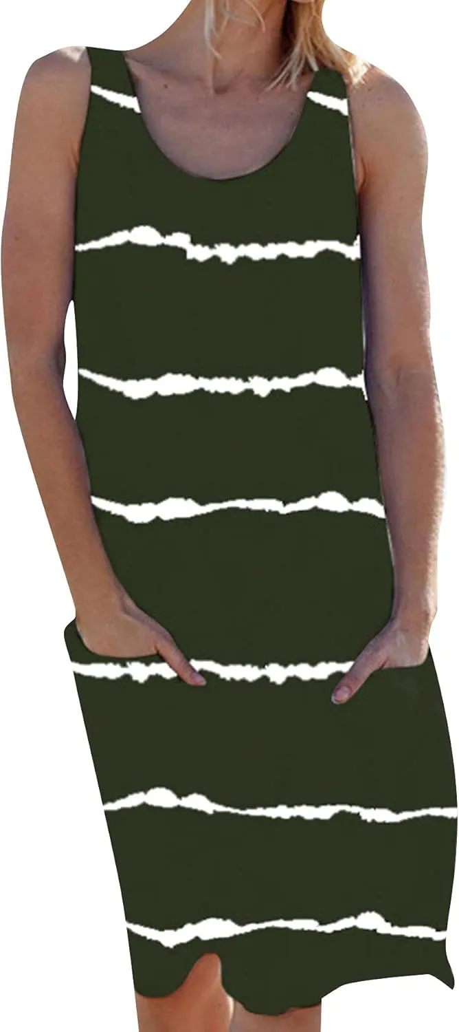 GRASWE Women Loose Stripe Printed Tunic Loose Sundress Sleeveless Knee Length Casual Swing Dress