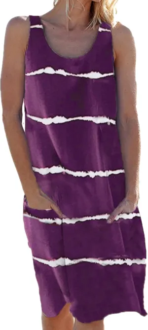 GRASWE Women Loose Stripe Printed Tunic Loose Sundress Sleeveless Knee Length Casual Swing Dress