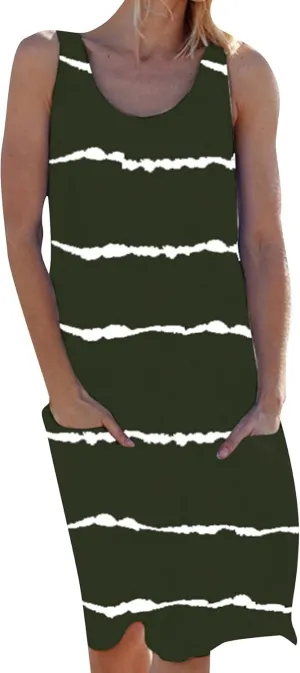 GRASWE Women Loose Stripe Printed Tunic Loose Sundress Sleeveless Knee Length Casual Swing Dress