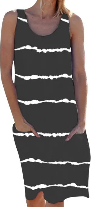GRASWE Women Loose Stripe Printed Tunic Loose Sundress Sleeveless Knee Length Casual Swing Dress