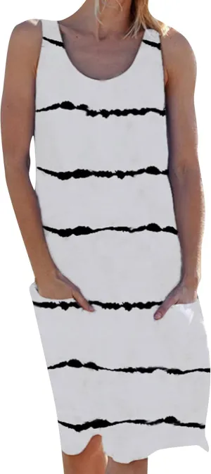 GRASWE Women Loose Stripe Printed Tunic Loose Sundress Sleeveless Knee Length Casual Swing Dress