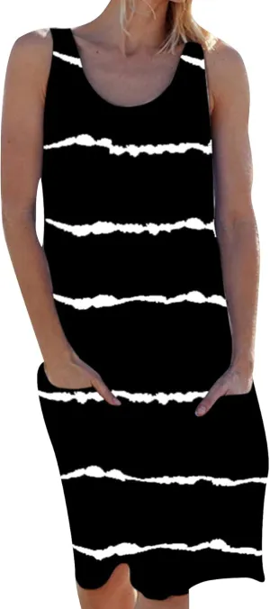 GRASWE Women Loose Stripe Printed Tunic Loose Sundress Sleeveless Knee Length Casual Swing Dress