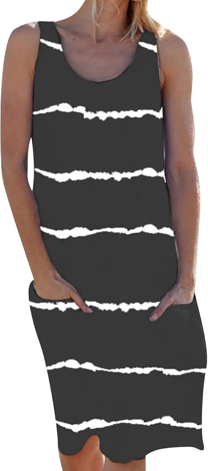 GRASWE Women Loose Stripe Printed Tunic Loose Sundress Sleeveless Knee Length Casual Swing Dress