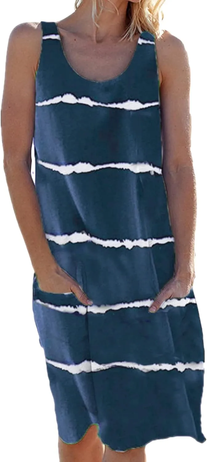 GRASWE Women Loose Stripe Printed Tunic Loose Sundress Sleeveless Knee Length Casual Swing Dress