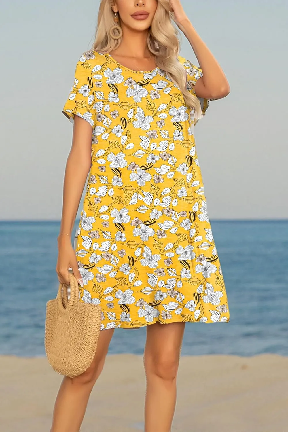 levaca Women's Short Sleeve Loose Summer Beach Casual Dress