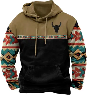 Men's Western Aztec Hoodie Vintage Oversized Cowboy Hooded Sweatshirts Casual Graphic Country Hoodies with Pocket