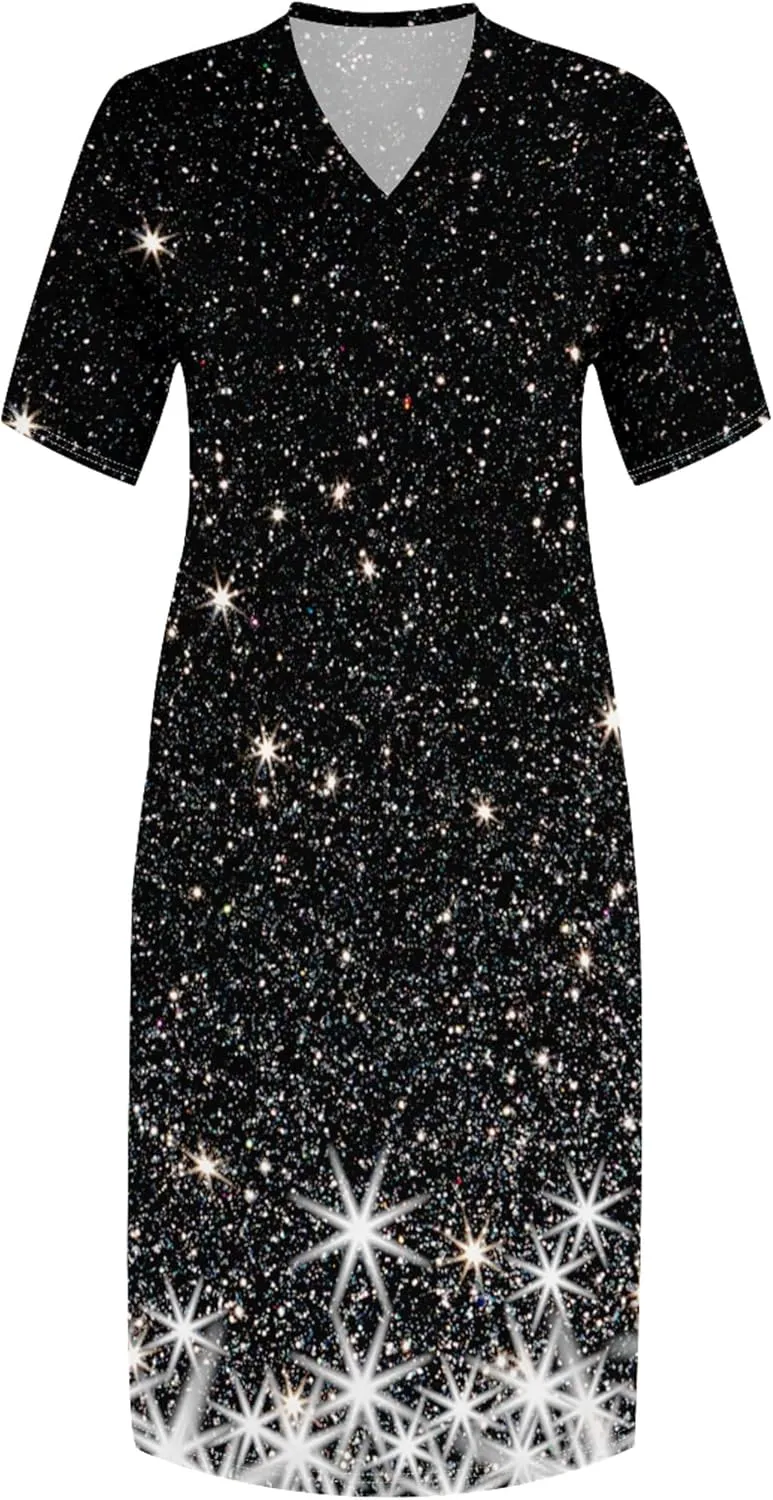 Plus Size Casual Loose Dress for Curvy Women Summer V Neck Short Sleeve T Shirt Loose Midi Dresses with Pockets
