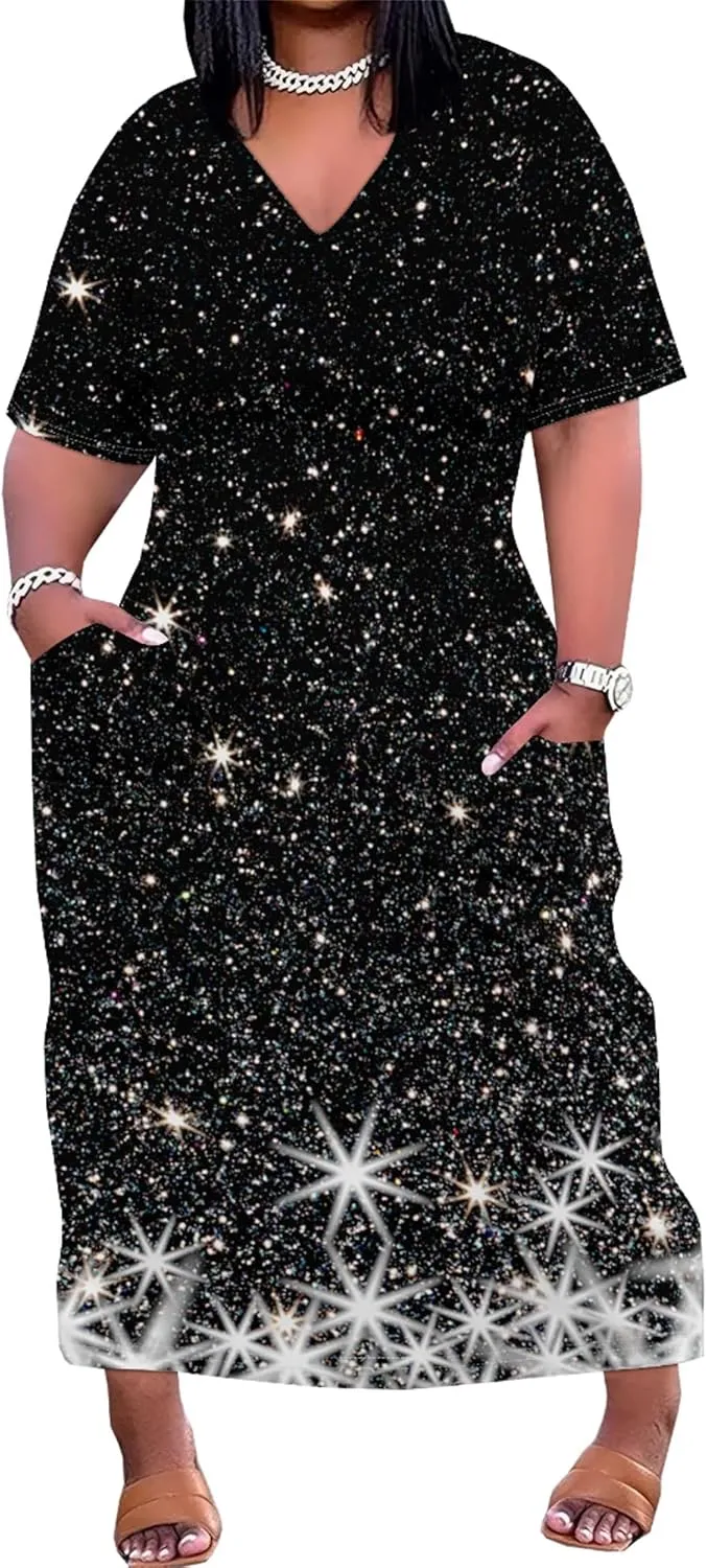 Plus Size Casual Loose Dress for Curvy Women Summer V Neck Short Sleeve T Shirt Loose Midi Dresses with Pockets