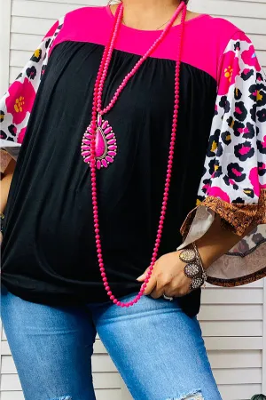 Printed bell sleeve pink & black color block women top BQ14559 (FS11)