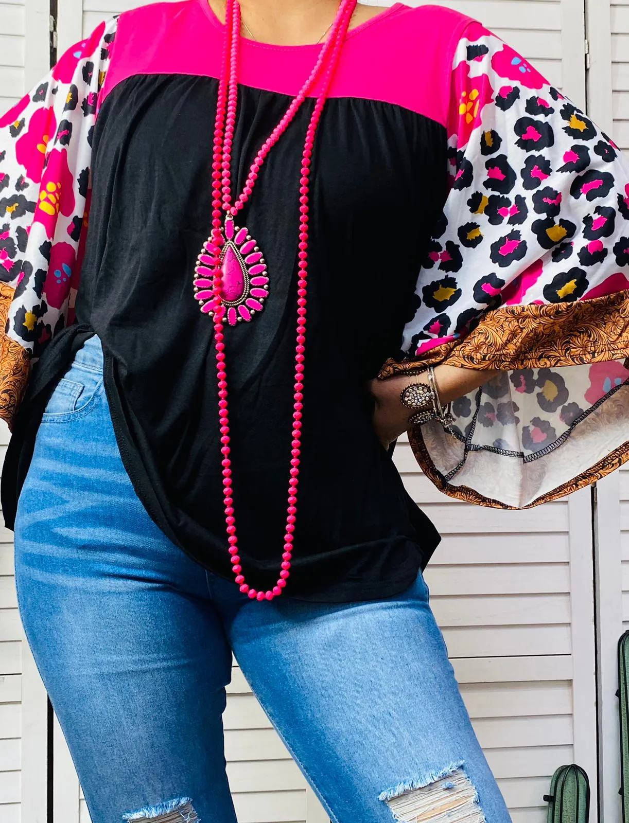 Printed bell sleeve pink & black color block women top BQ14559 (FS11)