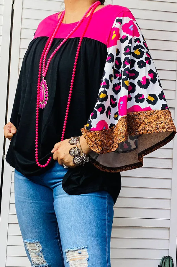 Printed bell sleeve pink & black color block women top BQ14559 (FS11)