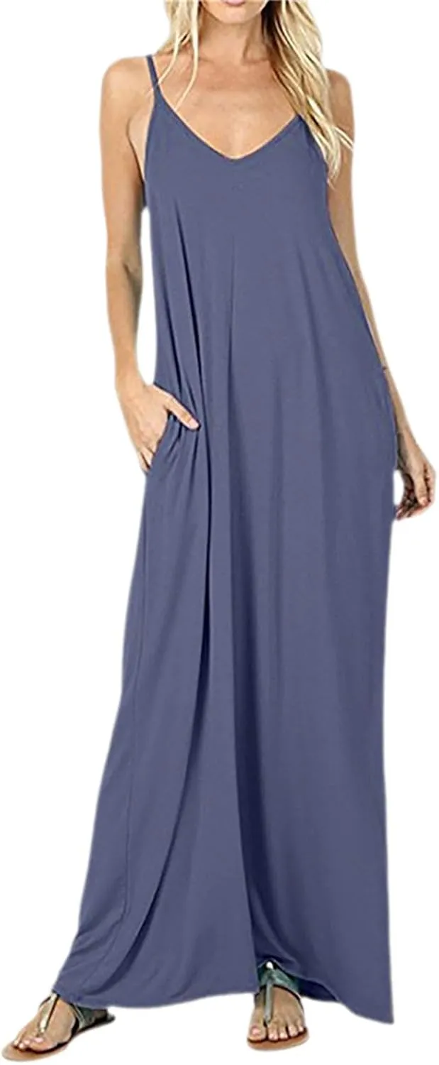 PTOLOCIF Women's Solid Color Loose Pocket Long Skirt Vest Dress Sexy Suspender Skirt Womens Long Sleeve Loose Plain Long
