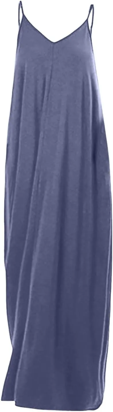 PTOLOCIF Women's Solid Color Loose Pocket Long Skirt Vest Dress Sexy Suspender Skirt Womens Long Sleeve Loose Plain Long