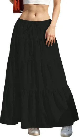Skirt for Women Pleated Ruffled Tiered Maxi Length Skorts Drawstring Loose Stretchy High Waist Basic Casual 2025 Y2K