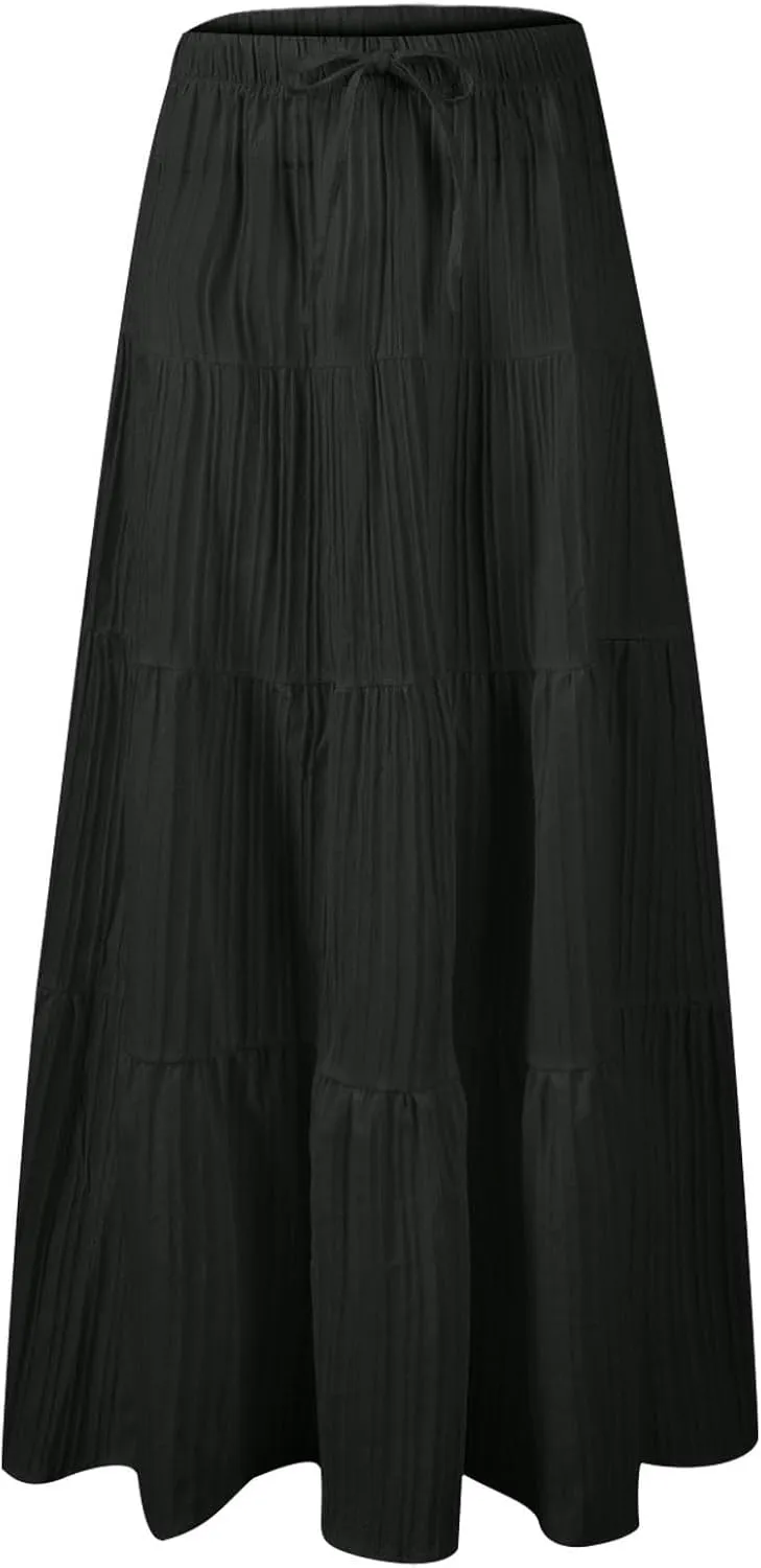 Skirt for Women Pleated Ruffled Tiered Maxi Length Skorts Drawstring Loose Stretchy High Waist Basic Casual 2025 Y2K
