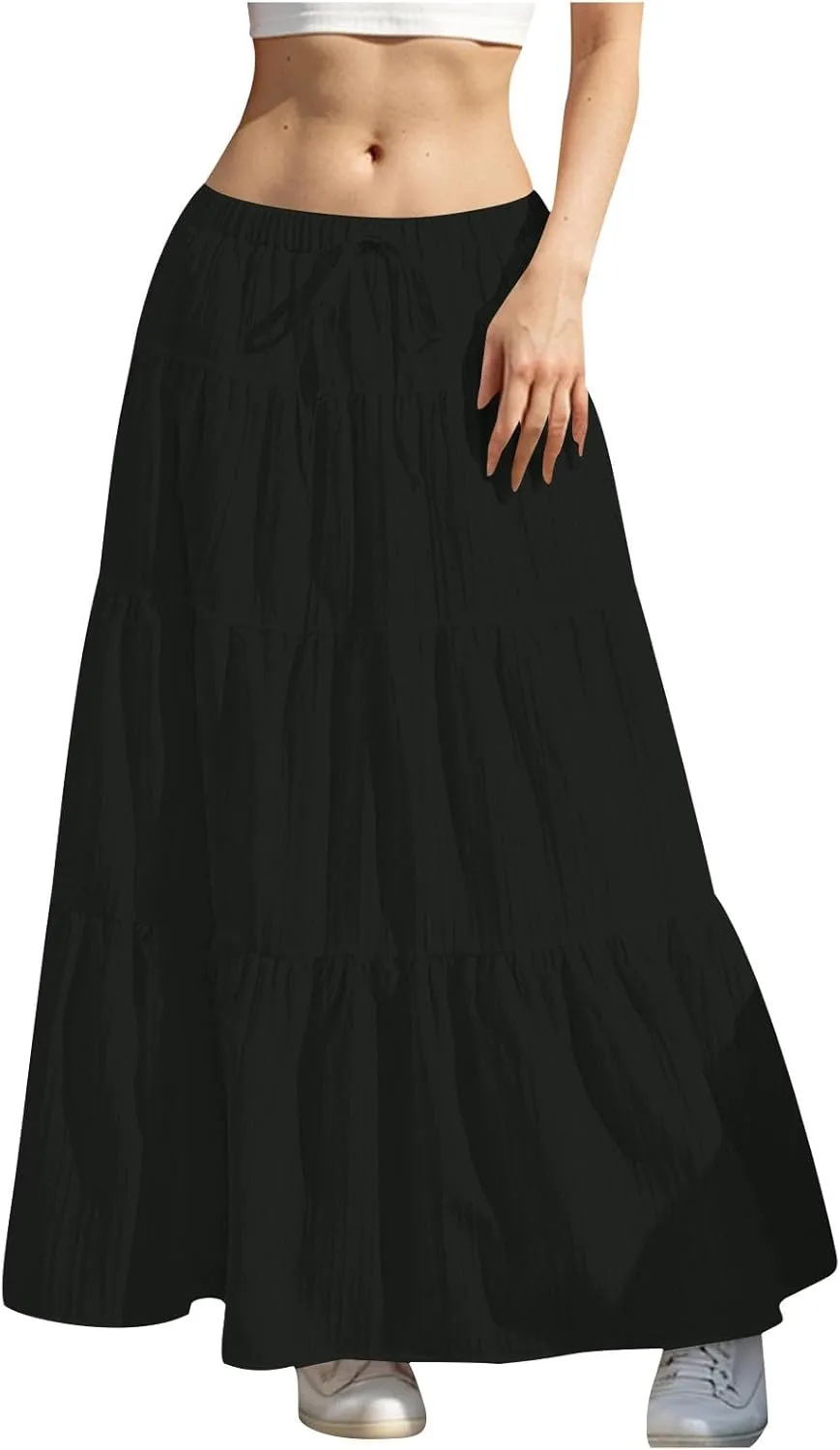 Skirt for Women Pleated Ruffled Tiered Maxi Length Skorts Drawstring Loose Stretchy High Waist Basic Casual 2025 Y2K