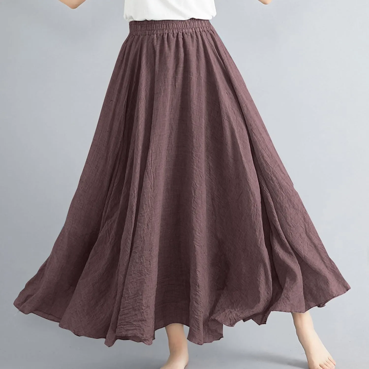 Solid Color Linen Skirts for Women Holiday Boho Ruched Stretch Hight Waist Basic Womens Maxi Skirt 2025 Y2K