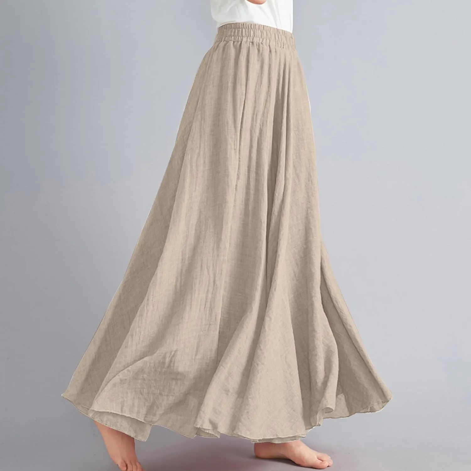 Solid Color Linen Skirts for Women Holiday Boho Ruched Stretch Hight Waist Basic Womens Maxi Skirt 2025 Y2K