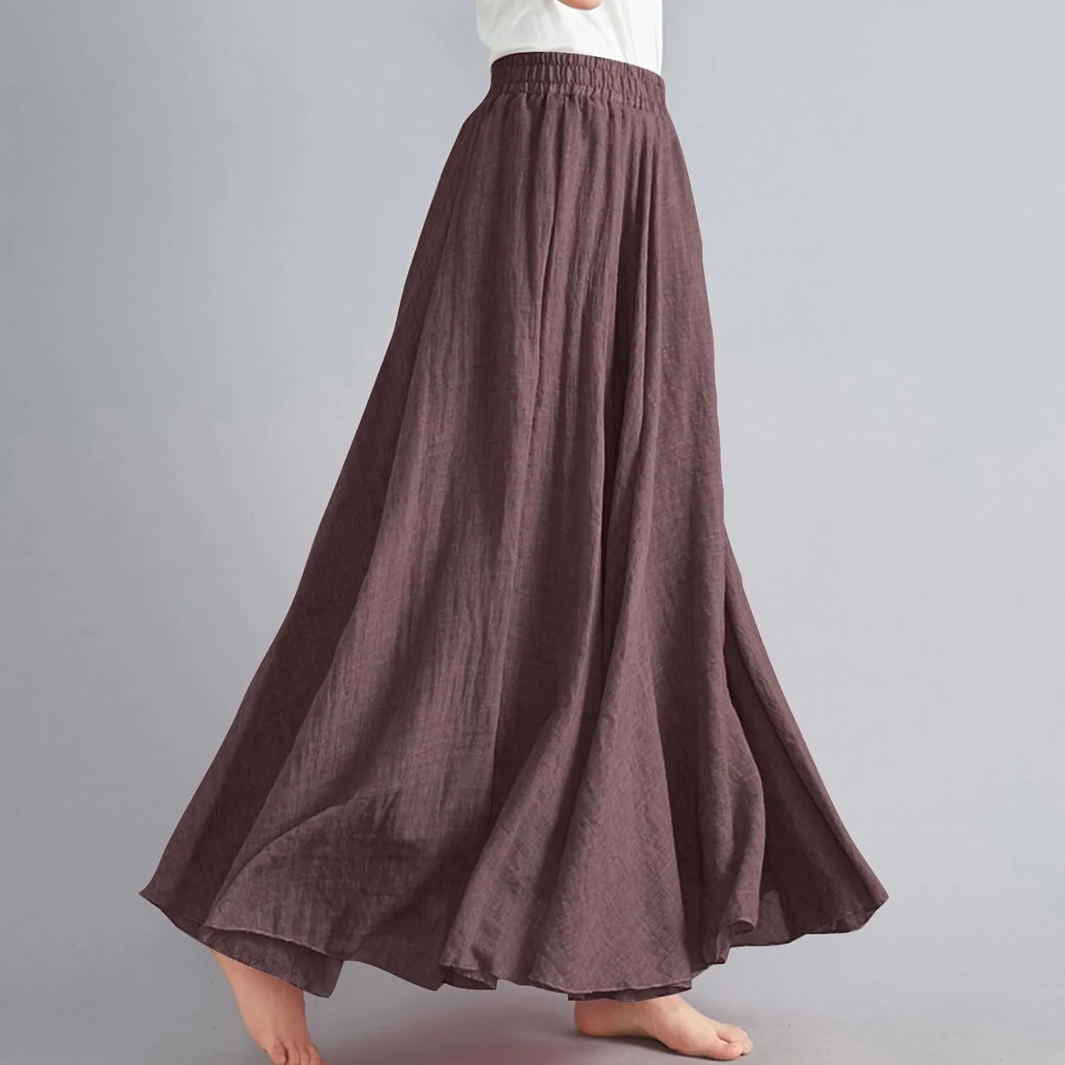 Solid Color Linen Skirts for Women Holiday Boho Ruched Stretch Hight Waist Basic Womens Maxi Skirt 2025 Y2K
