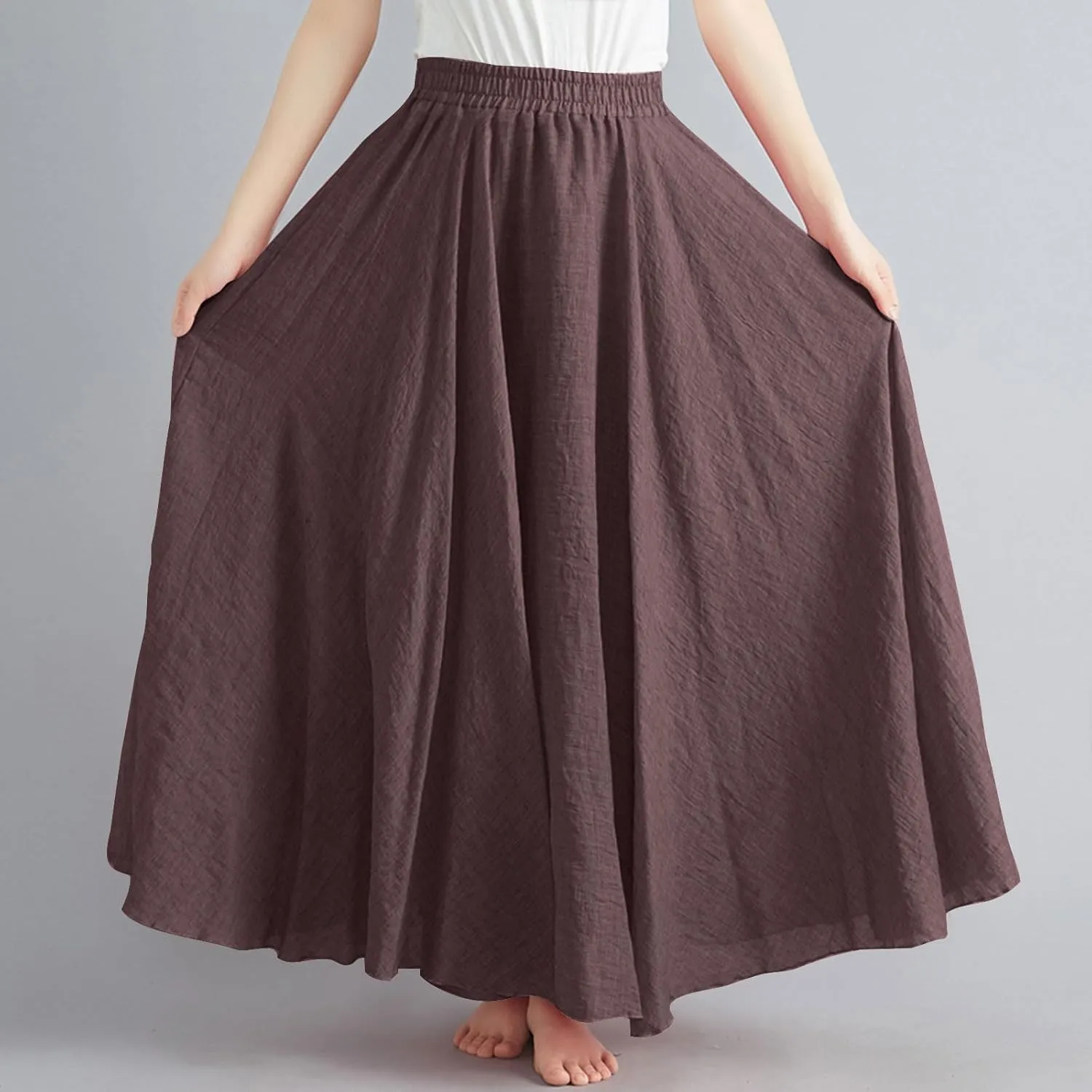 Solid Color Linen Skirts for Women Holiday Boho Ruched Stretch Hight Waist Basic Womens Maxi Skirt 2025 Y2K