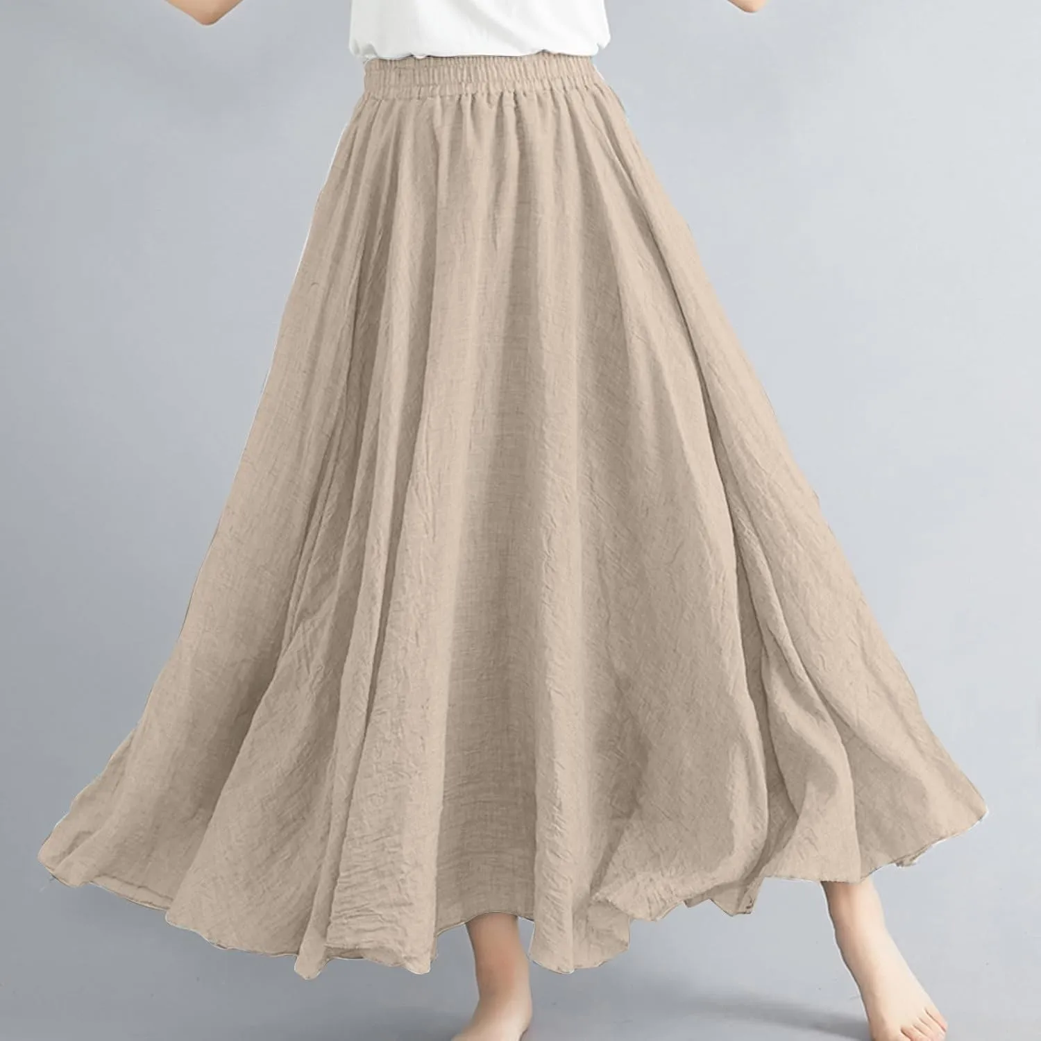 Solid Color Linen Skirts for Women Holiday Boho Ruched Stretch Hight Waist Basic Womens Maxi Skirt 2025 Y2K