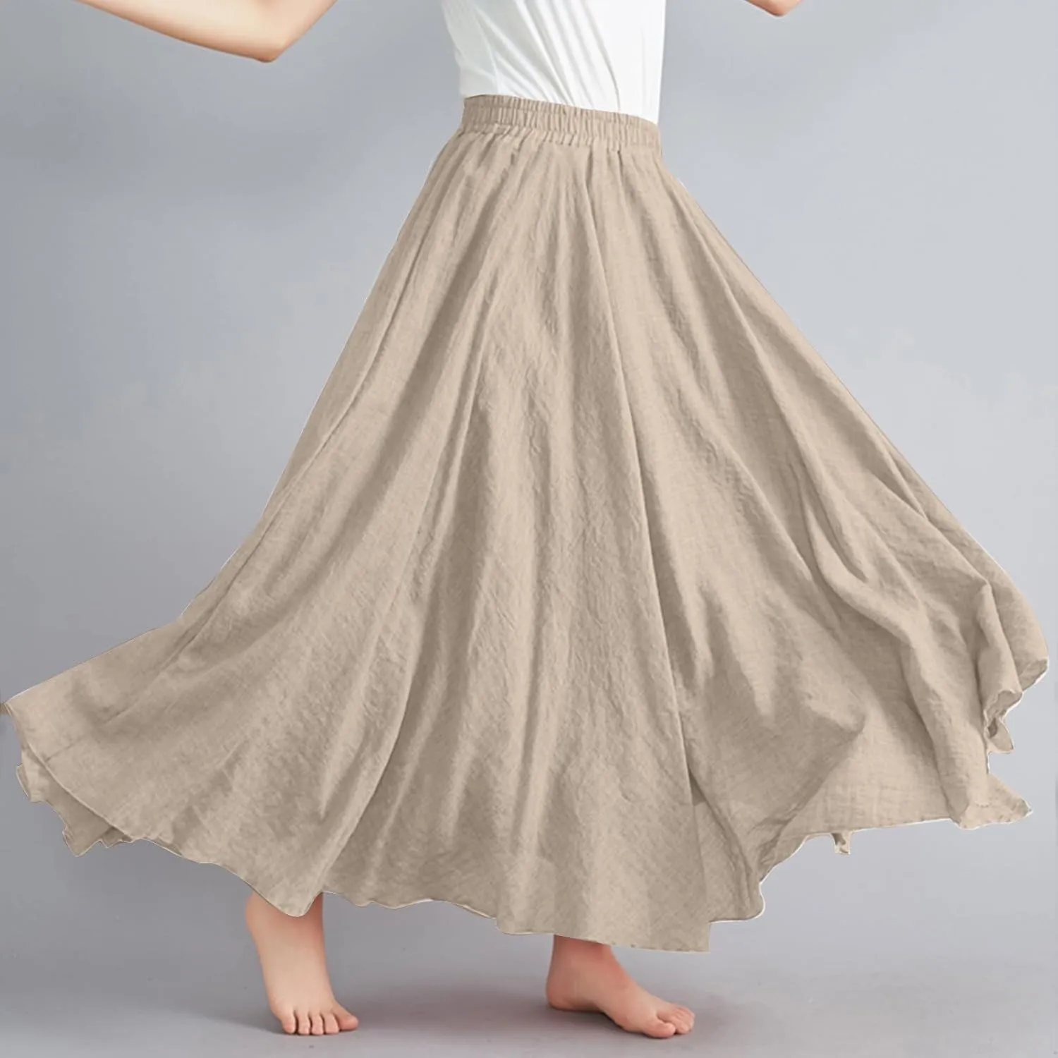 Solid Color Linen Skirts for Women Holiday Boho Ruched Stretch Hight Waist Basic Womens Maxi Skirt 2025 Y2K