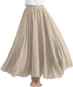 Solid Color Linen Skirts for Women Holiday Boho Ruched Stretch Hight Waist Basic Womens Maxi Skirt 2025 Y2K