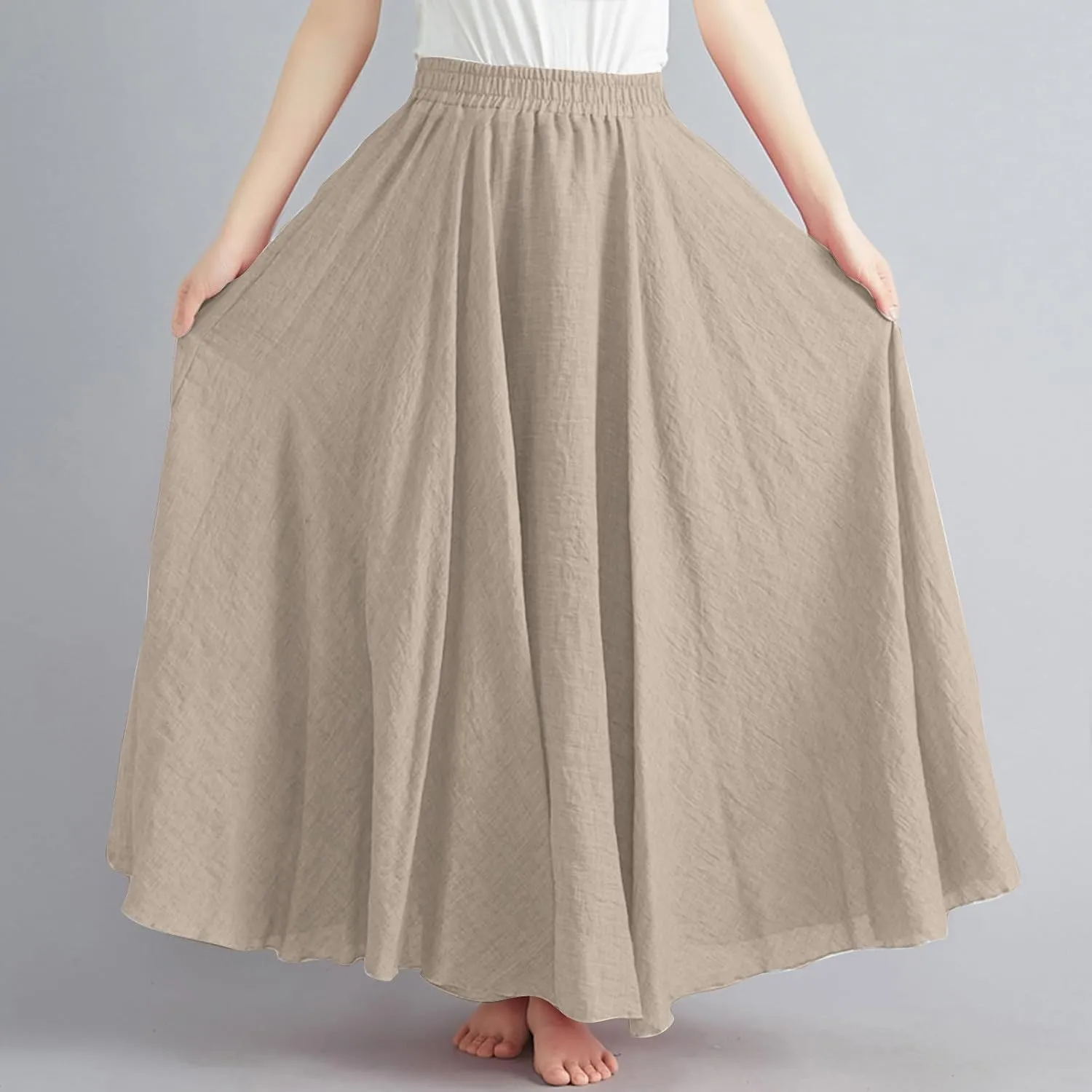 Solid Color Linen Skirts for Women Holiday Boho Ruched Stretch Hight Waist Basic Womens Maxi Skirt 2025 Y2K