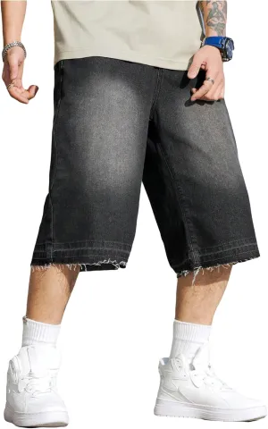 Verdusa Men's Baggy Jean Raw Trim Casual Loose Denim Shorts Bermuda Jean Loose Short