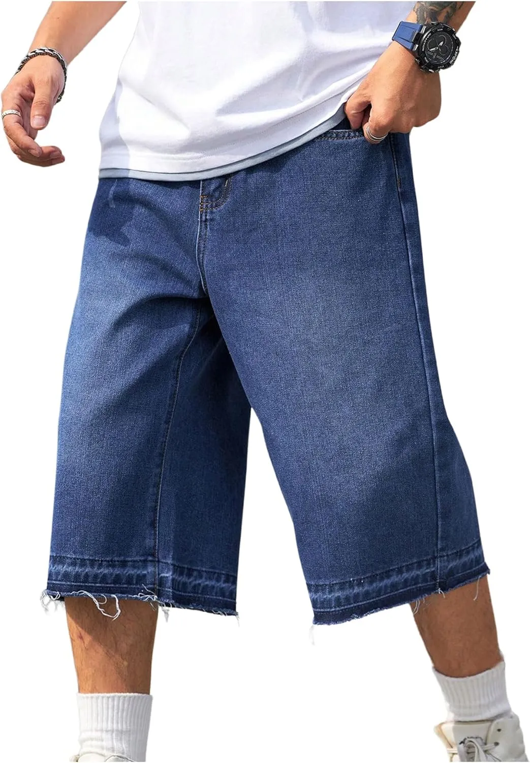 Verdusa Men's Baggy Jean Raw Trim Casual Loose Denim Shorts Bermuda Jean Loose Short